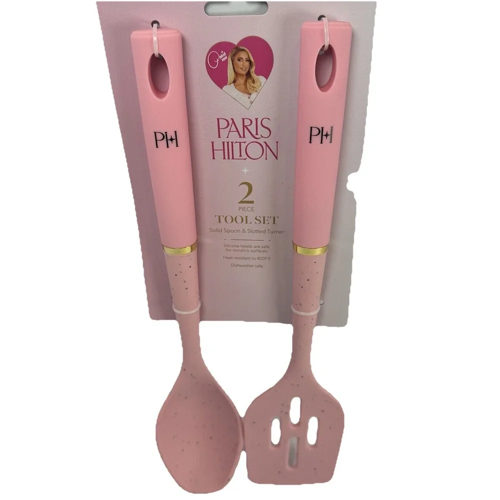 Paris Hilton 2 Piece‎ Kitchen Tool Set Pink Silicone Spoon & Slotted Turner New